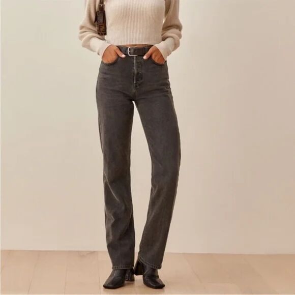 Reformation Denim - REFORMATION JEANS 26 black Cynthia High Rise Straight long Jean Faded
